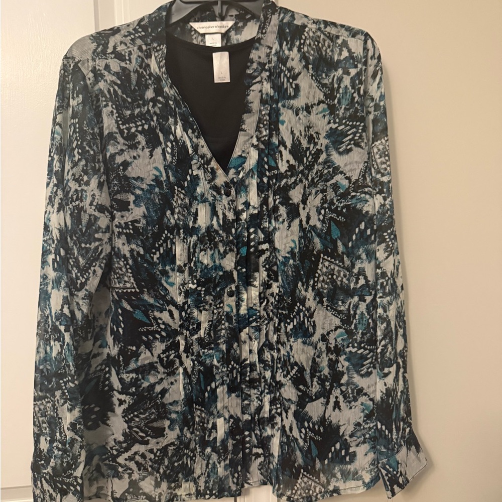 Christopher & Banks Black, Teal and Gray Abstract Print V-Neck Blouse